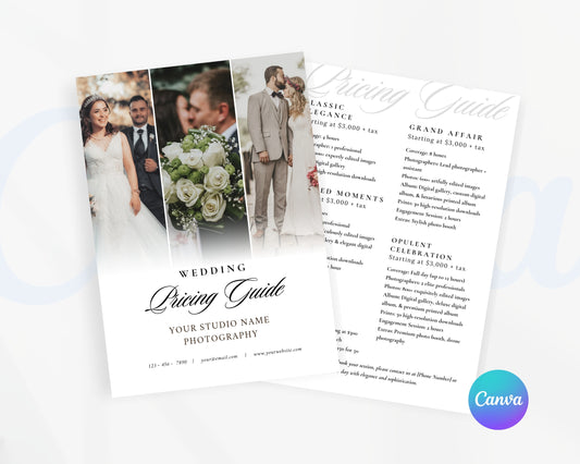 Photography Pricing Guide, Wedding Photography Price List, Edit in Canva - PDP06