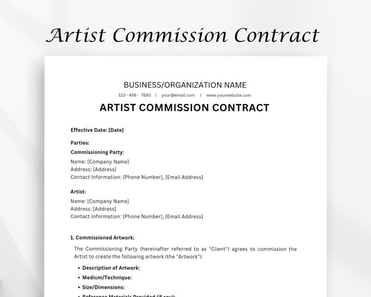 Artist Commission Contract Printable Form, Edit in Canva, Digital