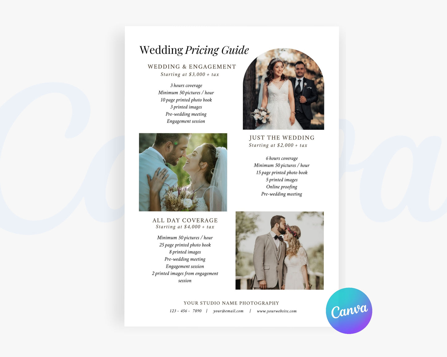 Photography Pricing Guide, Wedding Photography Price List, Edit in Canva - PDP01