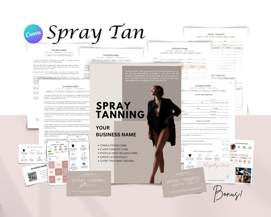 Spray Tan Form, Consultation form, Client consent form, Loyalty Card, Business Card, Editable Canva templates, Aftercare Card