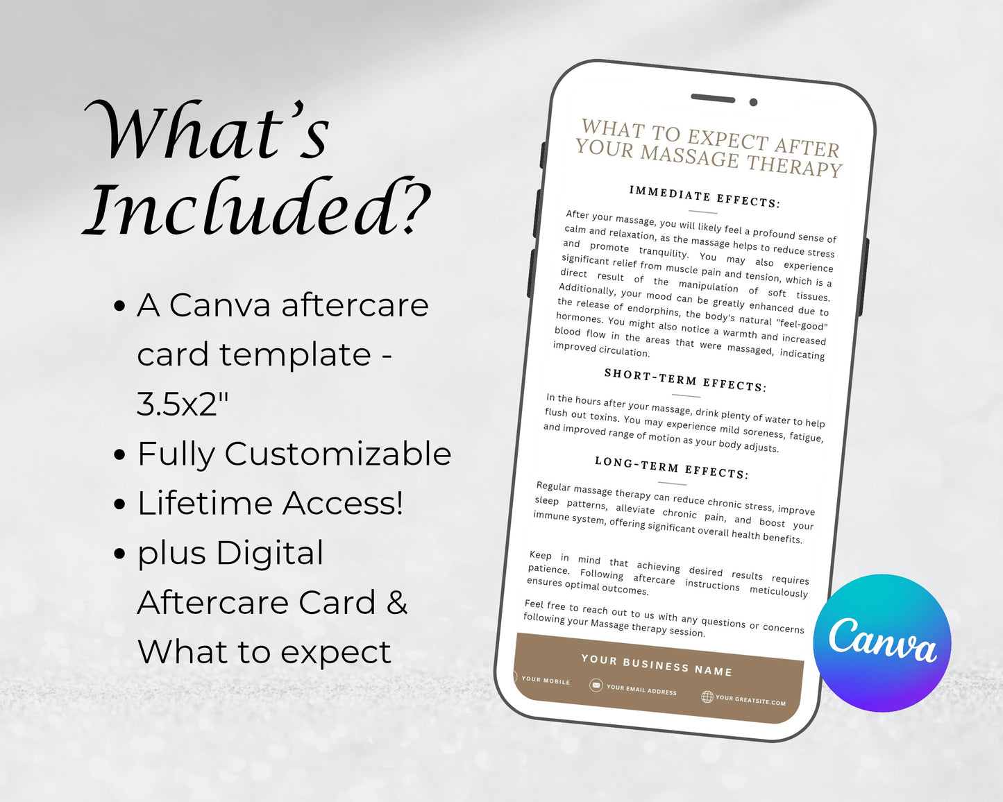 Massage Therapy Care Card, Aftercare Card, Edit in Canva