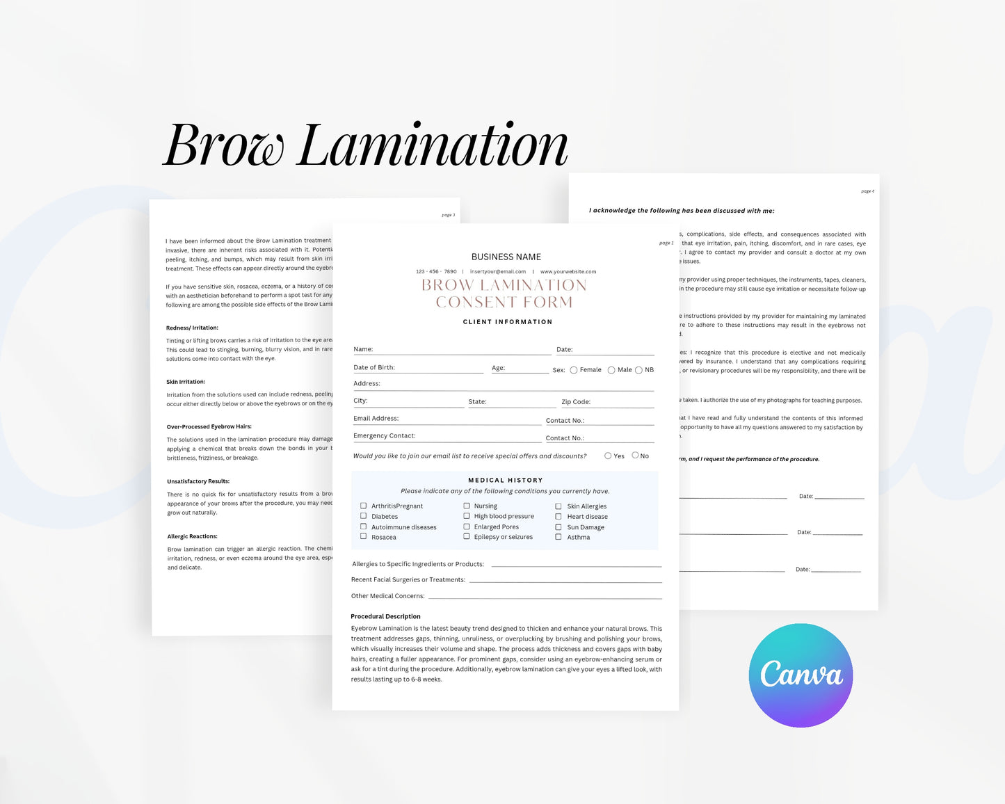 Brow Lamination Form, Consultation form, Client consent form, Editable Canva templates