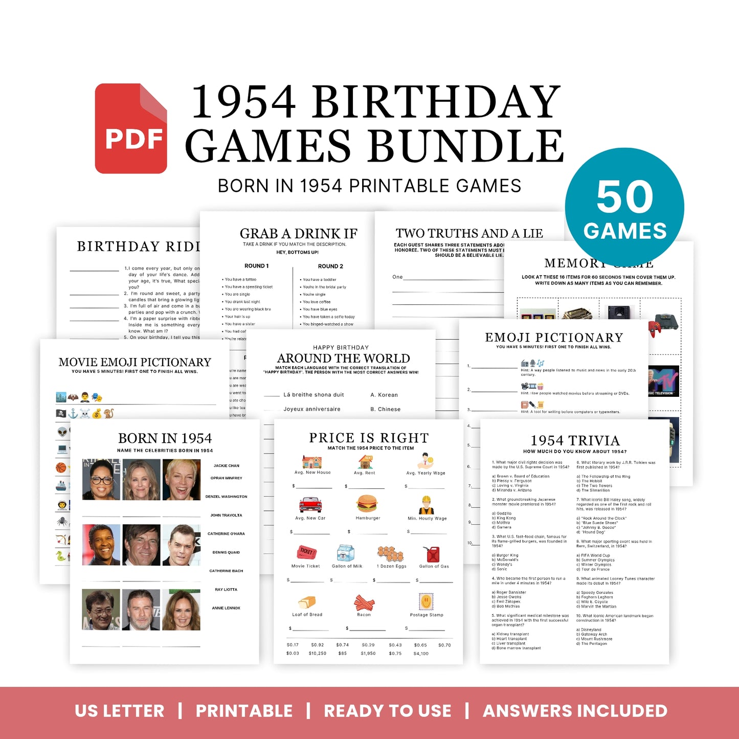 1954 Birthday Games, Born in 1954 Games, 71st Birthday Party Games, Printable Birthday Bundle