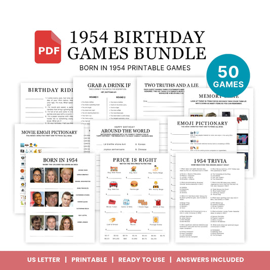 1954 Birthday Games, Born in 1954 Games, 71st Birthday Party Games, Printable Birthday Bundle