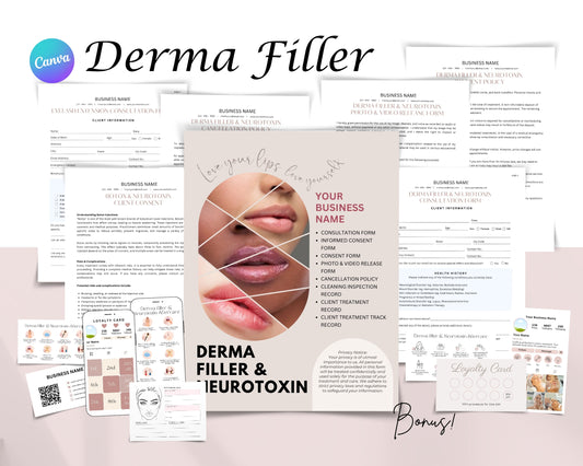 Derma Filler Form, Consultation form, Client consent form, Loyalty Card, Business Card, Editable Canva templates, Aftercare Card