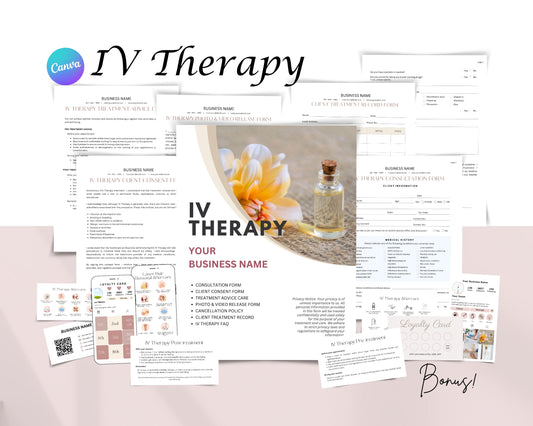 IV Therapy Form, Consultation form, Client consent form, Loyalty Card, Business Card, Editable Canva templates, Aftercare Card