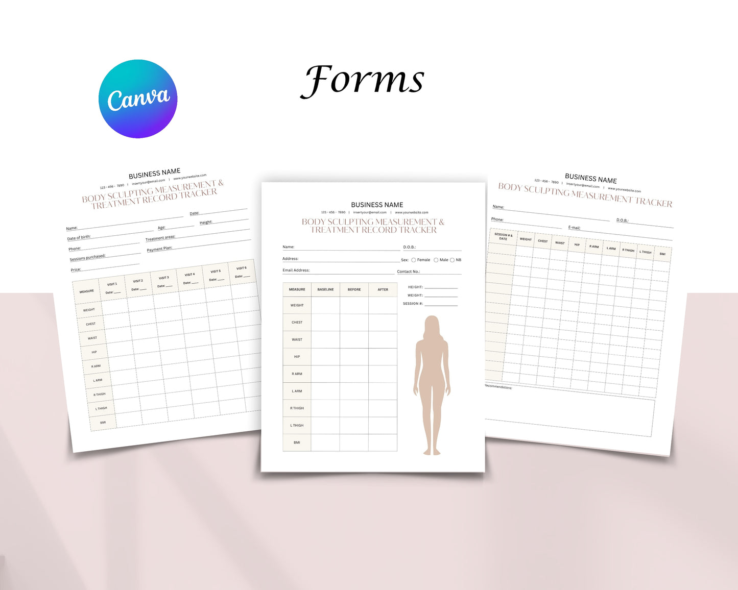 Body Sculpting Form, Consultation form, Client consent form, Loyalty Card, Business Card, Editable Canva templates, Aftercare Card