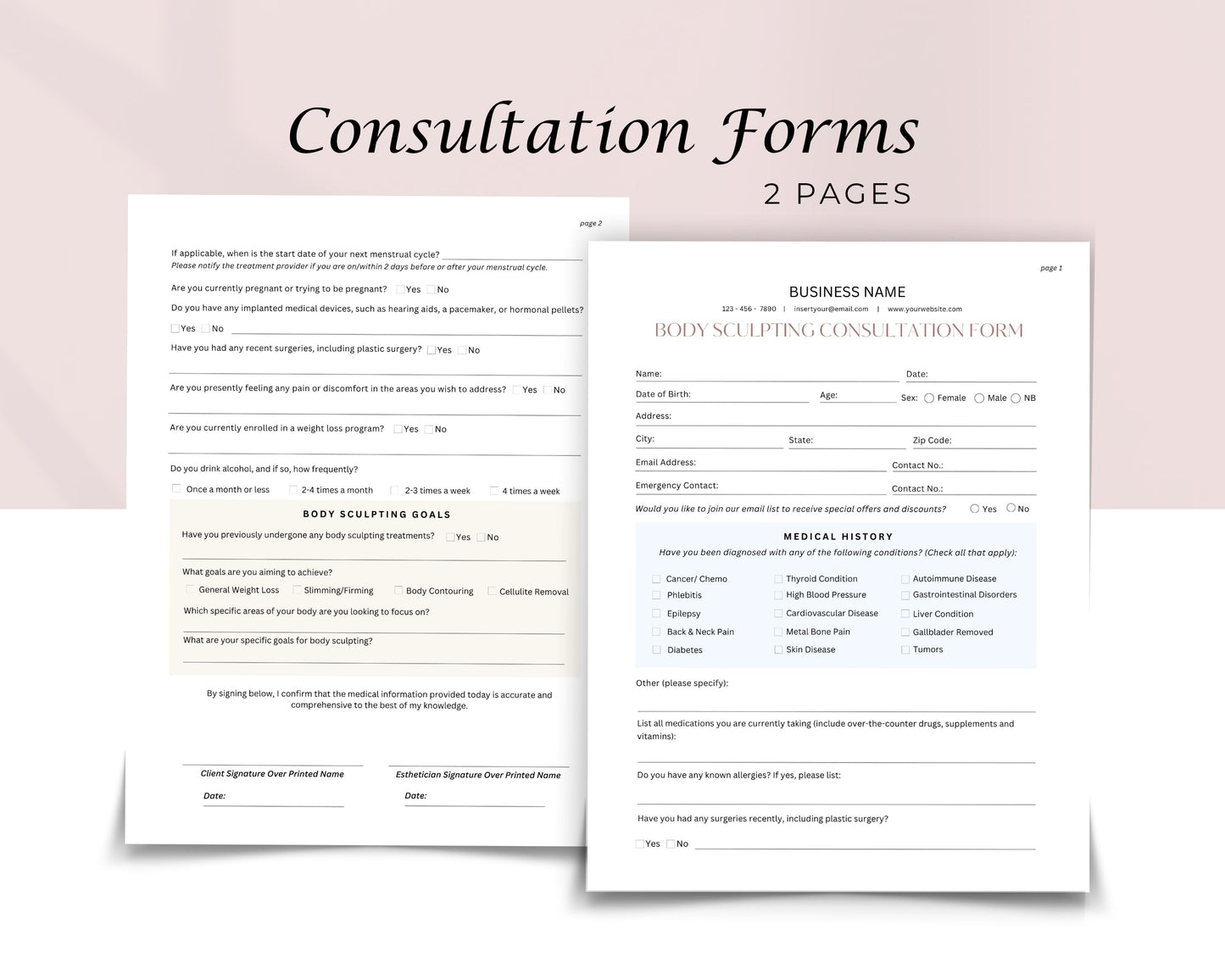 Body Sculpting Form, Consultation form, Client consent form, Loyalty Card, Business Card, Editable Canva templates, Aftercare Card