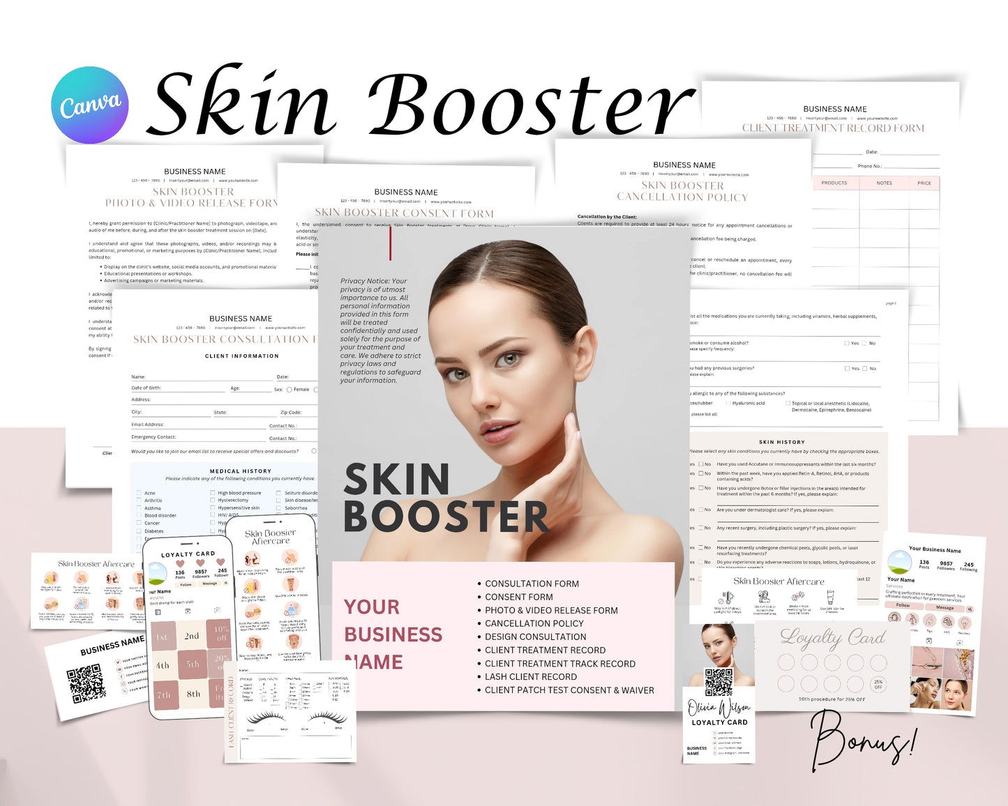 Skin Booster Form, Consultation form, Client consent form, Loyalty Card, Business Card, Editable Canva templates, Aftercare Card