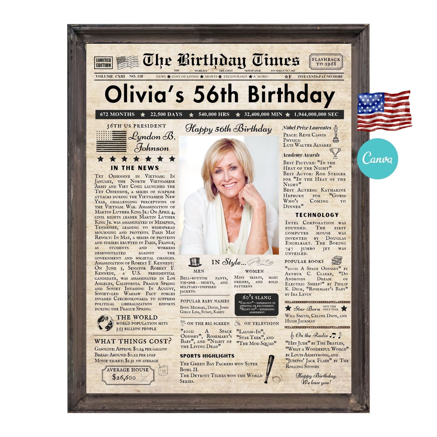 56th Birthday Vintage Brown Newspaper, EDITABLE Birthday Posters, Printable Newspaper Birthday Gifts, Canva