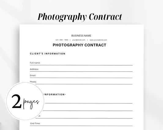 Photography Contract Printable Form, Edit in Canva, Digital