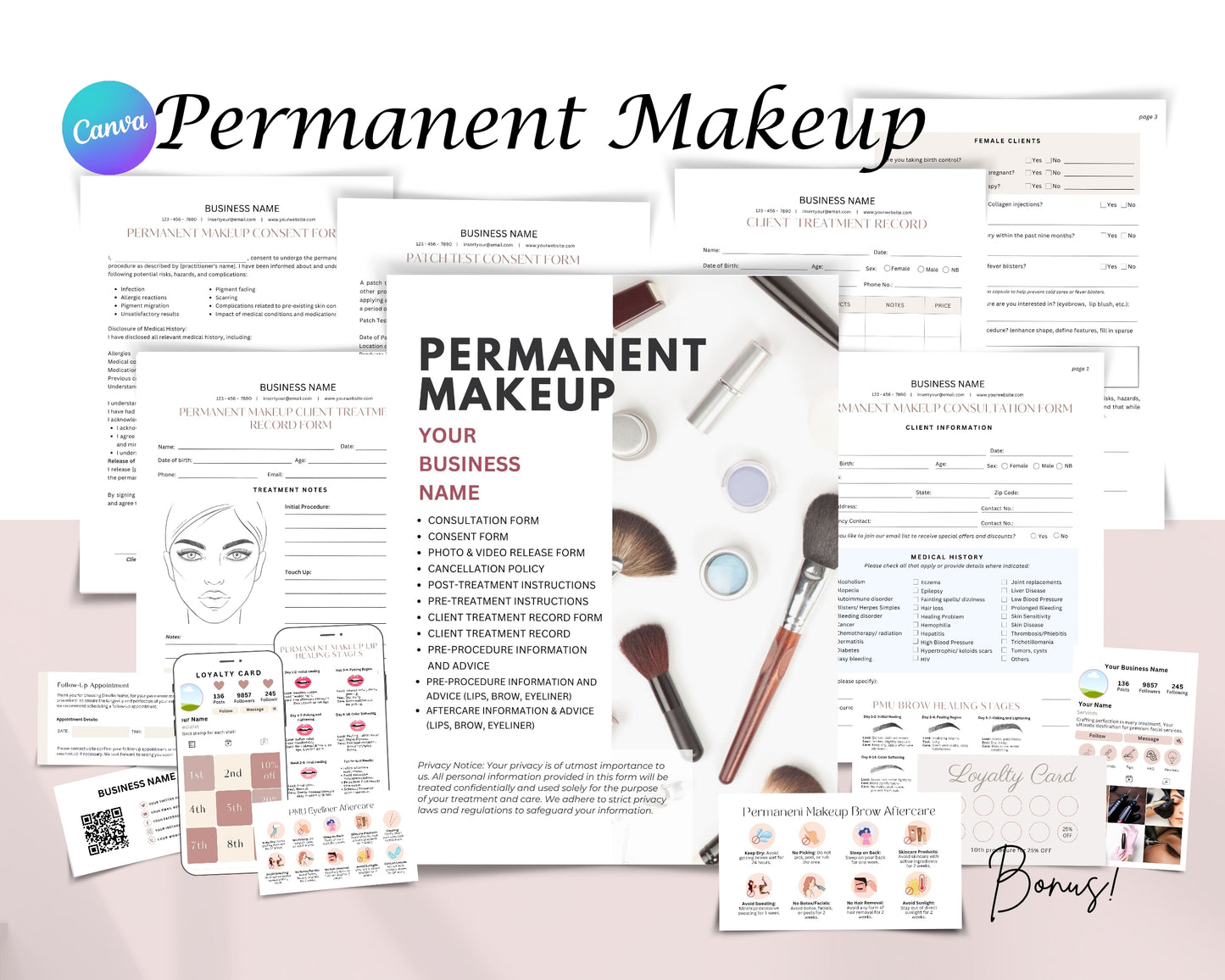 Permanent Makeup PMU Form, Consultation form, Client consent form, Loyalty Card, Business Card, Editable Canva templates, Aftercare Card