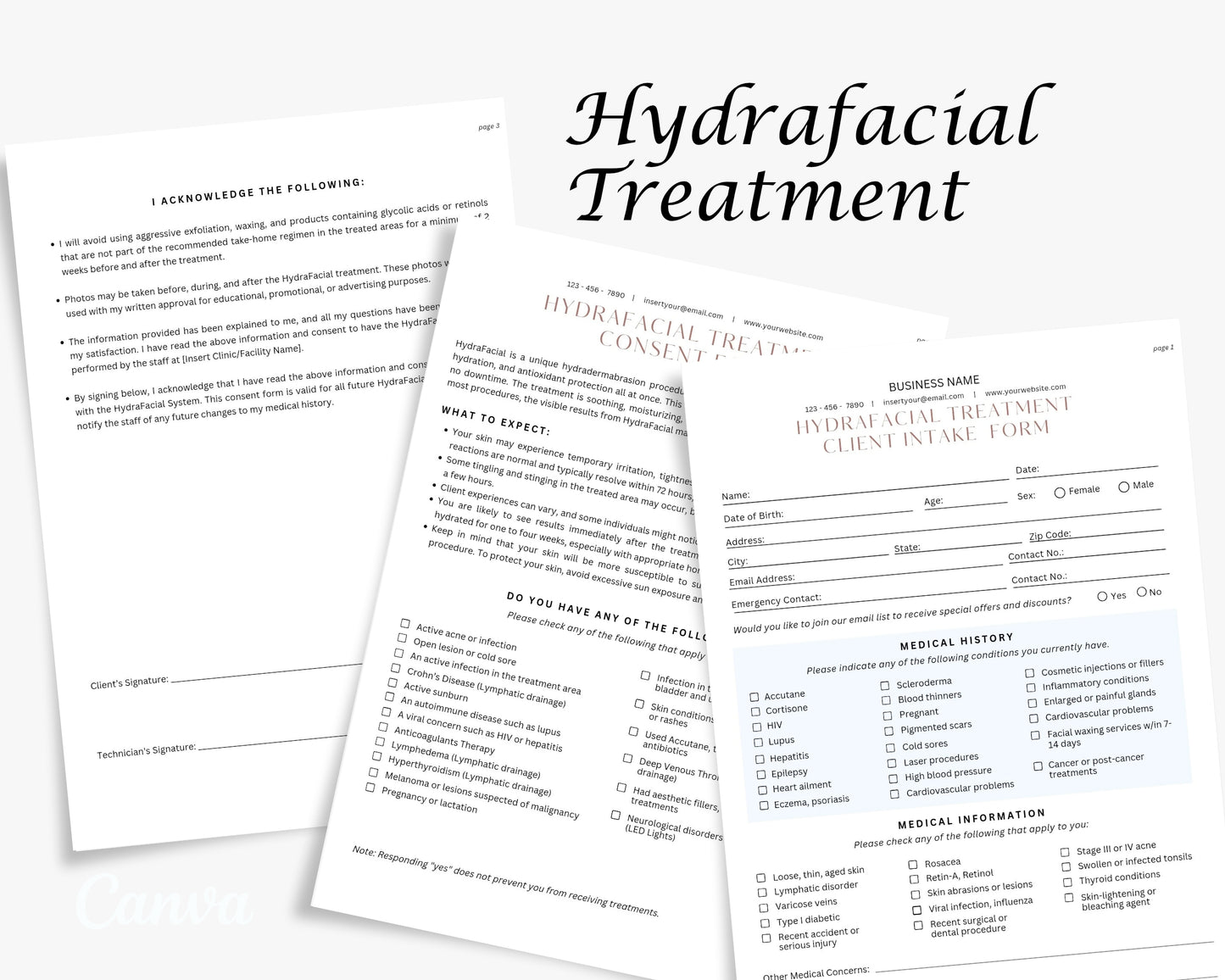 Hydrafacial Form, Consultation form, Client consent form, Editable Canva templates