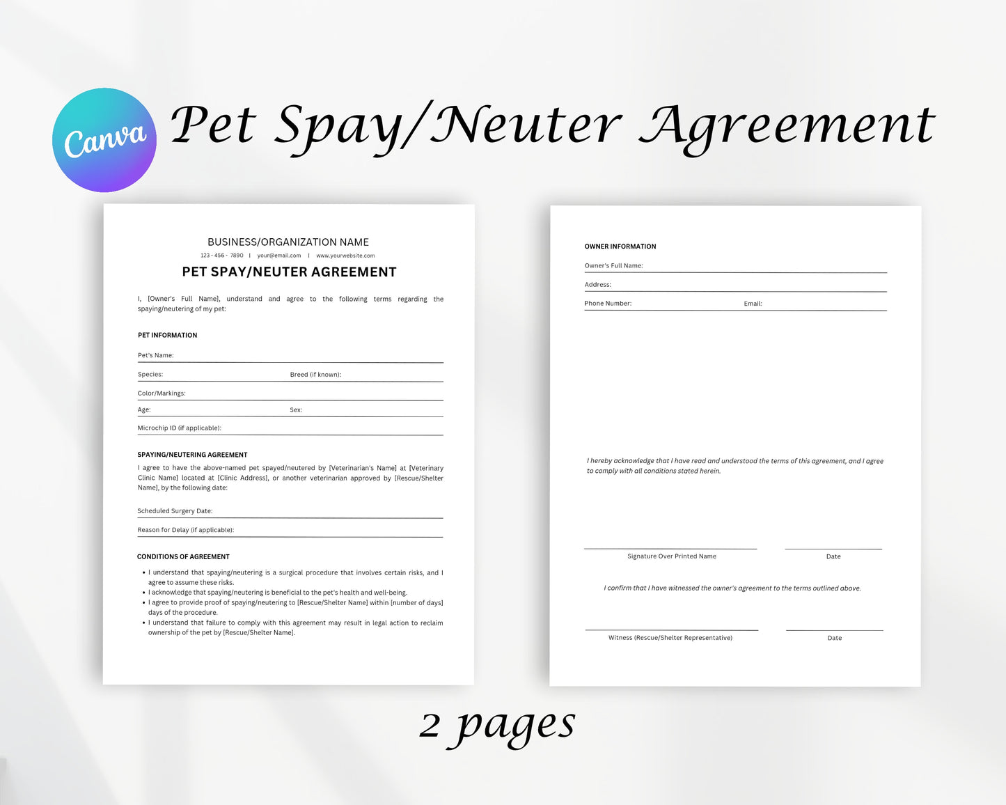 Pet Spay or Pet Neuter Agreement Printable Form, Edit in Canva, Digital