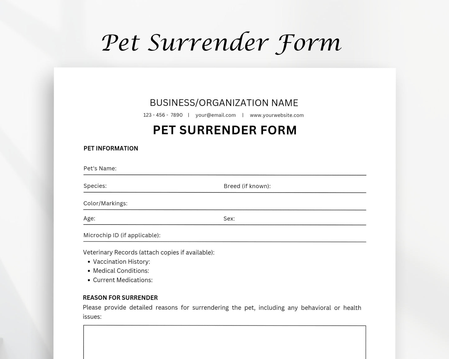 Pet Surrender Printable Form, Edit in Canva, Digital