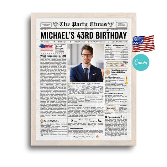 43rd Birthday Vintage Newspaper, EDITABLE Birthday Posters, Printable Newspaper Birthday Gifts, Canva