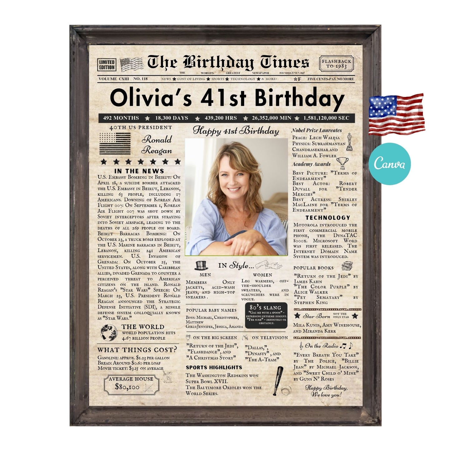 41st Birthday Vintage Brown Newspaper, EDITABLE Birthday Posters, Printable Newspaper Birthday Gifts, Canva