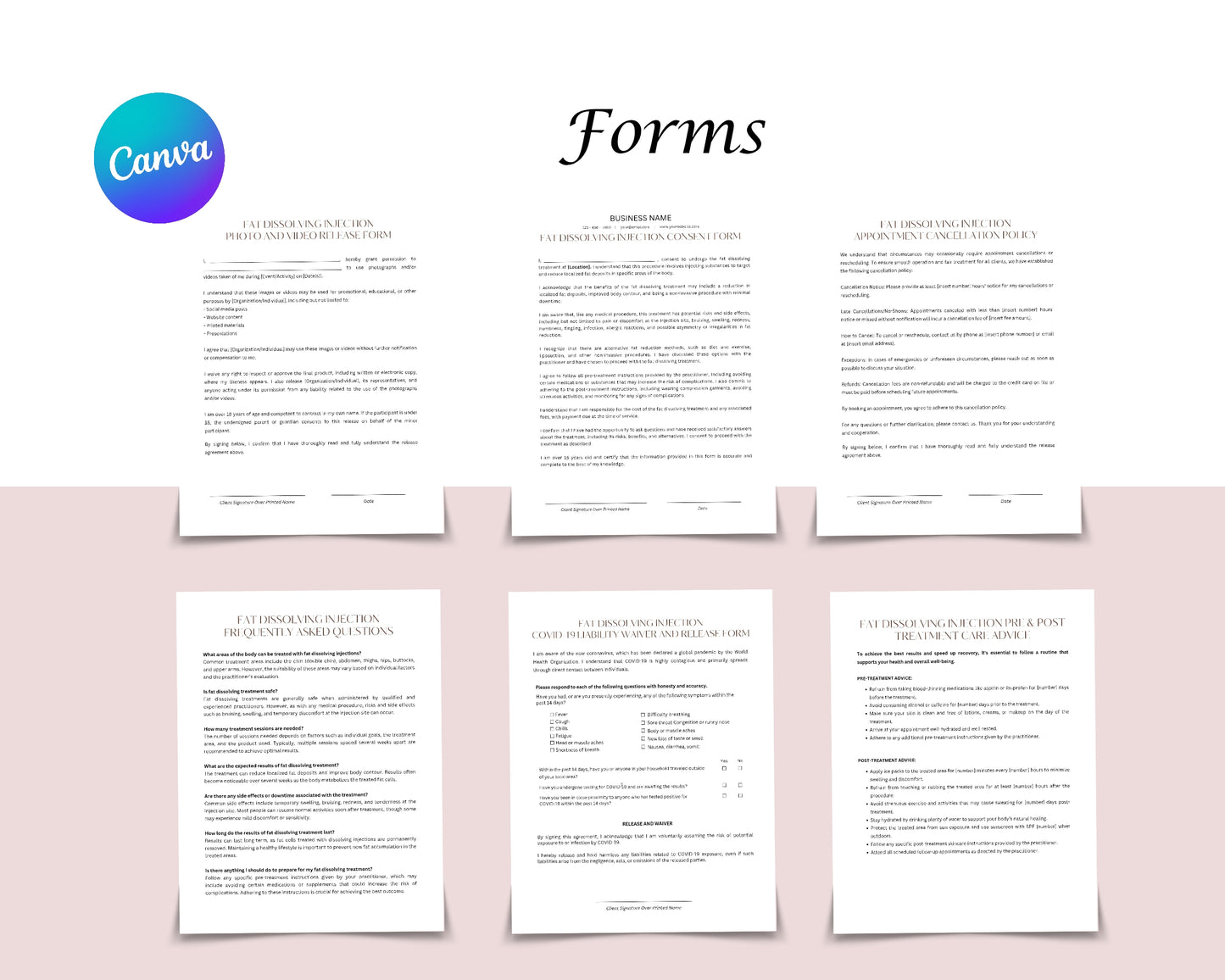 Fat Dissolving Injection Form, Consultation form, Client consent form, Loyalty Card, Business Card, Editable Canva templates, Aftercare Card