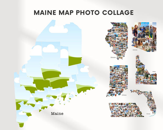 EDITABLE Maine Map Photo Collage, 16+ Photos, Map Wall Art, CANVA, Digital