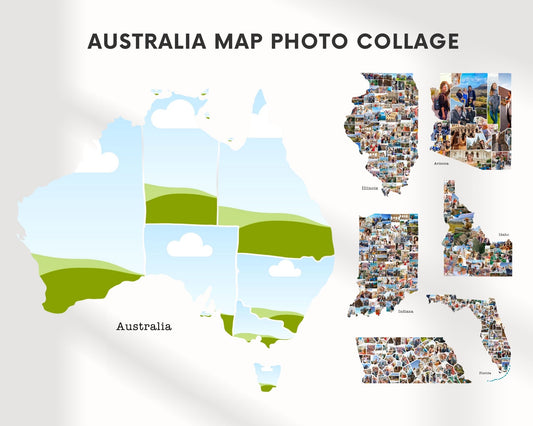 EDITABLE Australia Map Photo Collage, 8 Photos Collage Gift, Map Wall Art, CANVA, Digital