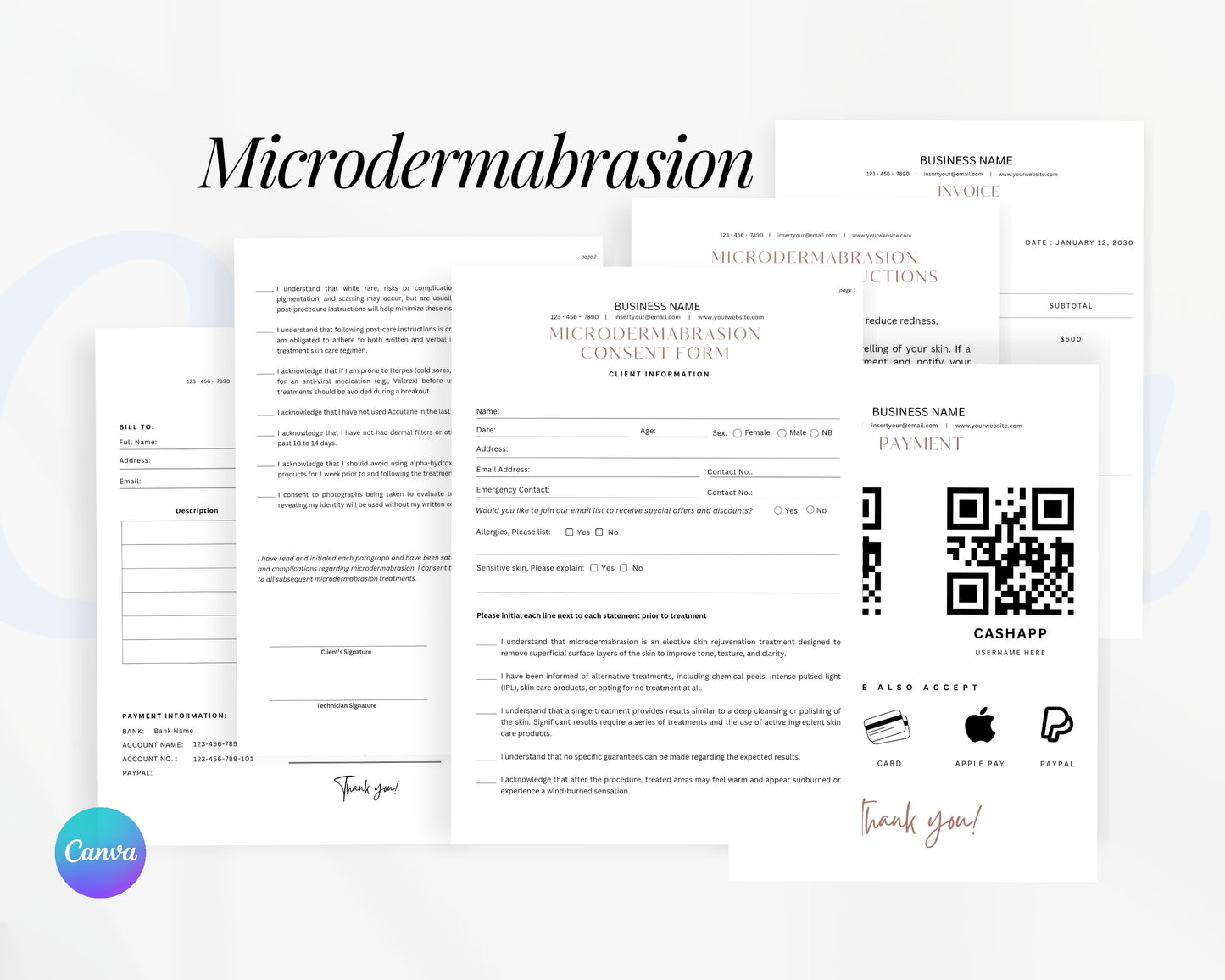 Microdermabrasion Form, Consultation form, Client consent form, Editable Canva templates