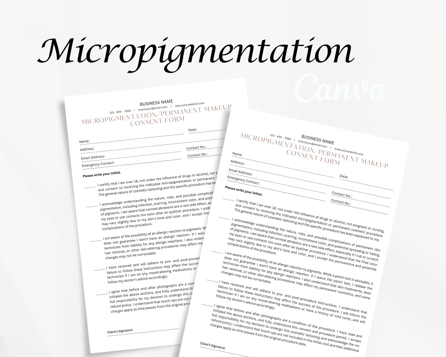 Micropigmentation Form, Consultation form, Client consent form, Editable in Canva