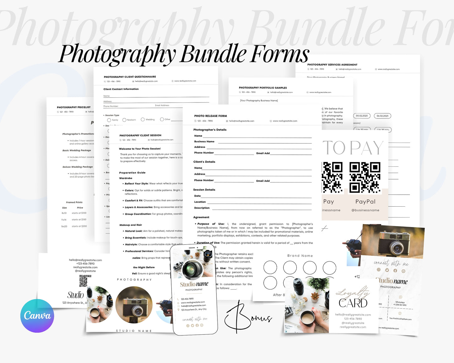 Photography Client Welcome Packet, Client Contract & Agreement, Photography Forms, Edit in Canva