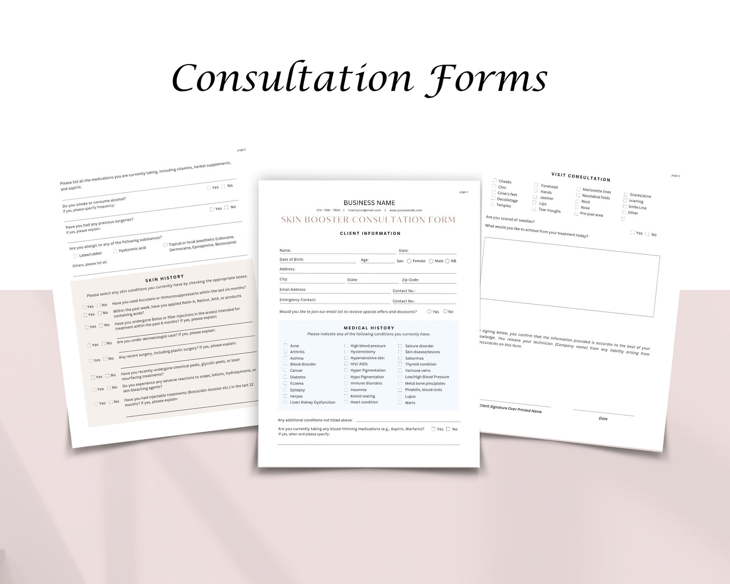 Skin Booster Form, Consultation form, Client consent form, Loyalty Card, Business Card, Editable Canva templates, Aftercare Card