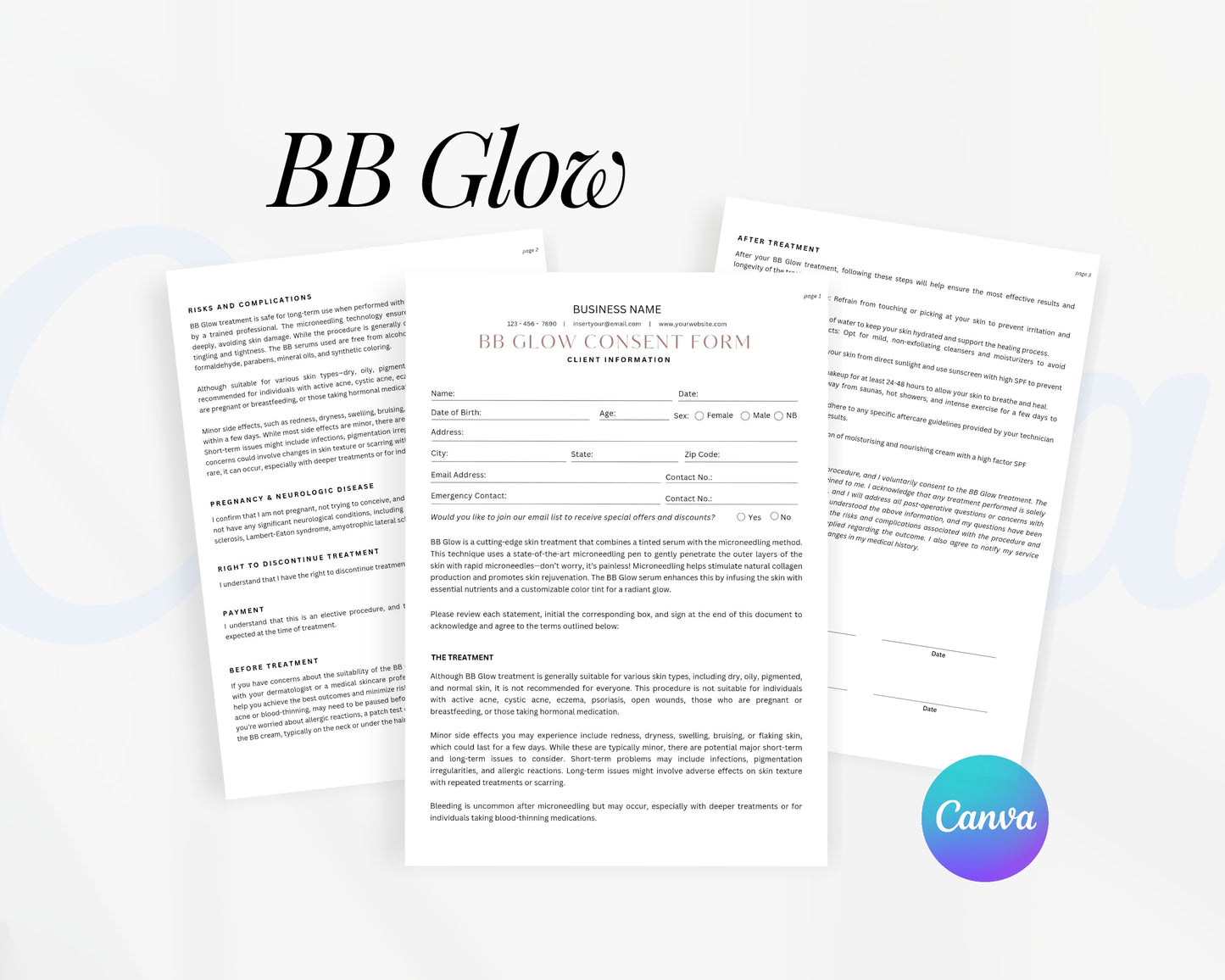 BB Glow Form, Consultation form, Client consent form, Loyalty Card, Business Card, Editable Canva templates, Aftercare Card