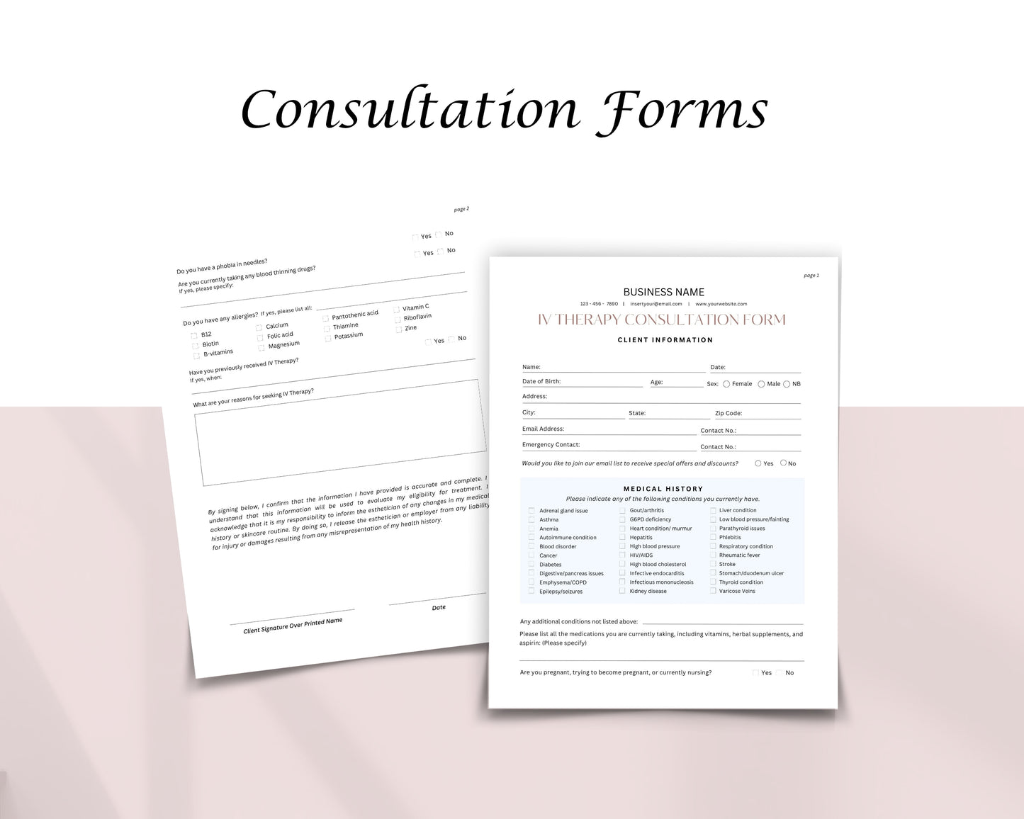 IV Therapy Form, Consultation form, Client consent form, Loyalty Card, Business Card, Editable Canva templates, Aftercare Card