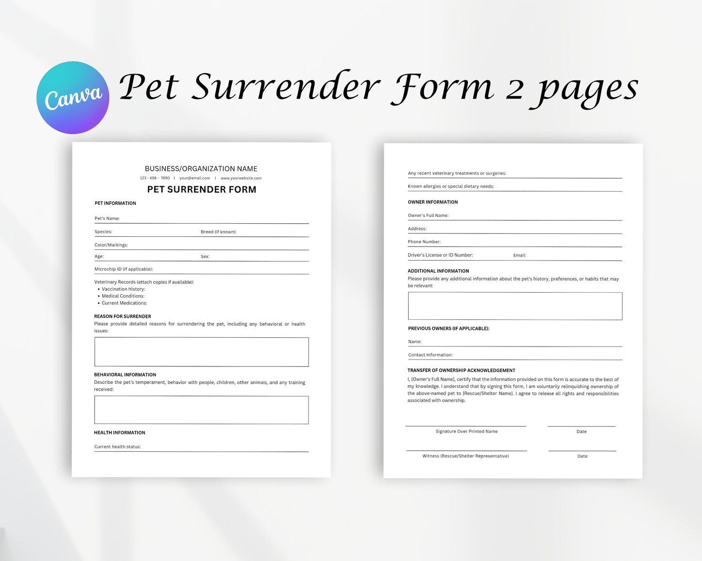 Pet Surrender Printable Form, Edit in Canva, Digital