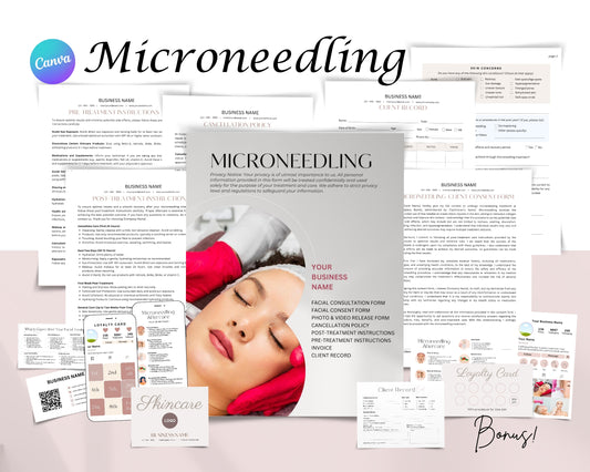 Microneedling Form, Consultation form, Client consent form, Loyalty Card, Business Card, Editable Canva templates, Aftercare Card