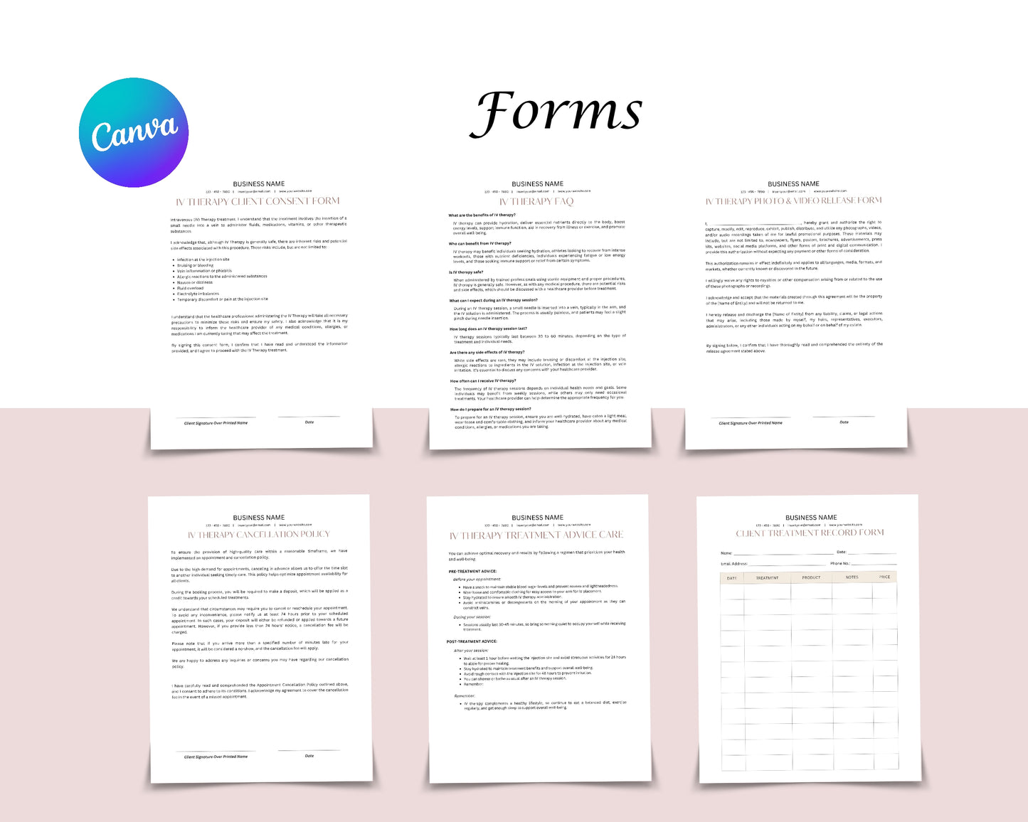 IV Therapy Form, Consultation form, Client consent form, Loyalty Card, Business Card, Editable Canva templates, Aftercare Card