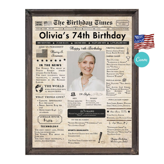 74th Birthday Vintage Brown Newspaper, EDITABLE Birthday Posters, Printable Newspaper Birthday Gifts, Canva