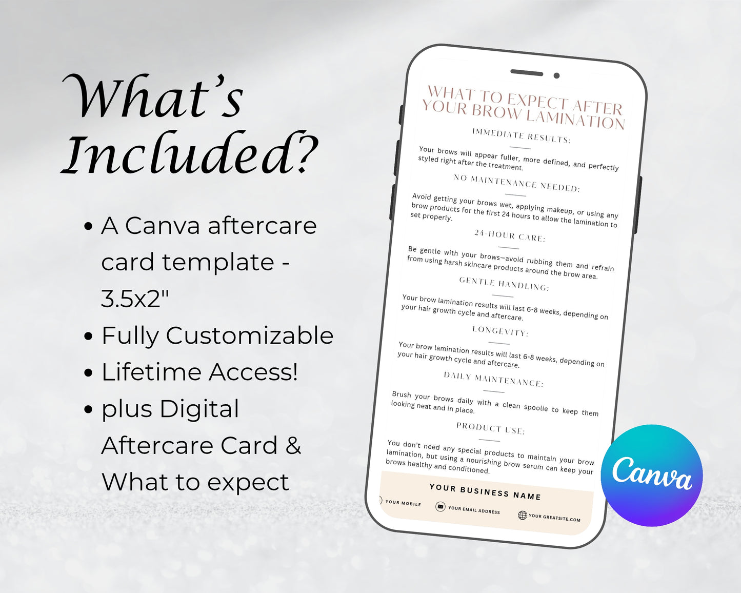 Lash Lift & Brow Care Card, Aftercare Card, Edit in Canva