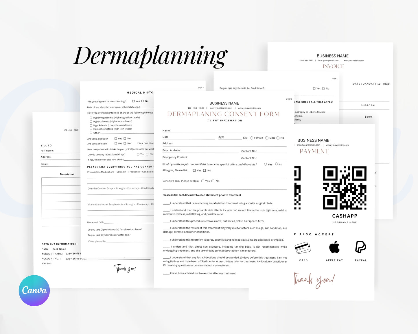 Dermaplanning Form, Consultation form, Client consent form, Editable Canva templates