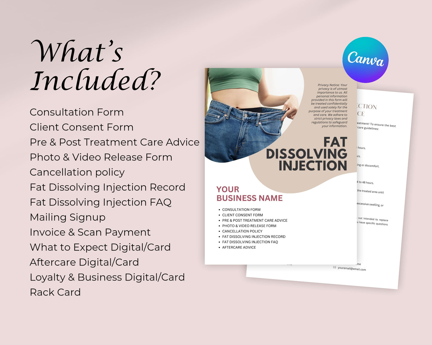 Fat Dissolving Injection Form, Consultation form, Client consent form, Loyalty Card, Business Card, Editable Canva templates, Aftercare Card