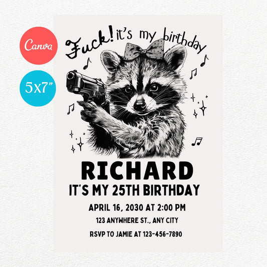 Racoon with gun Funny Birthday Party Invitation