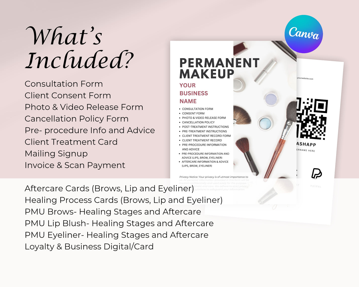 Permanent Makeup PMU Form, Consultation form, Client consent form, Loyalty Card, Business Card, Editable Canva templates, Aftercare Card