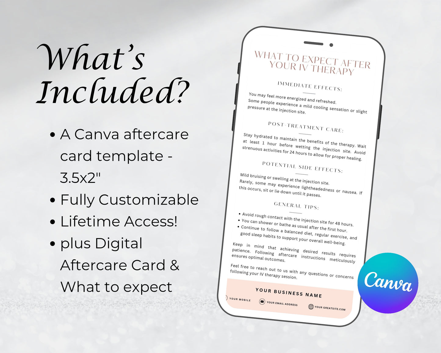 IV Therapy Care Card, Aftercare Card, Edit in Canva