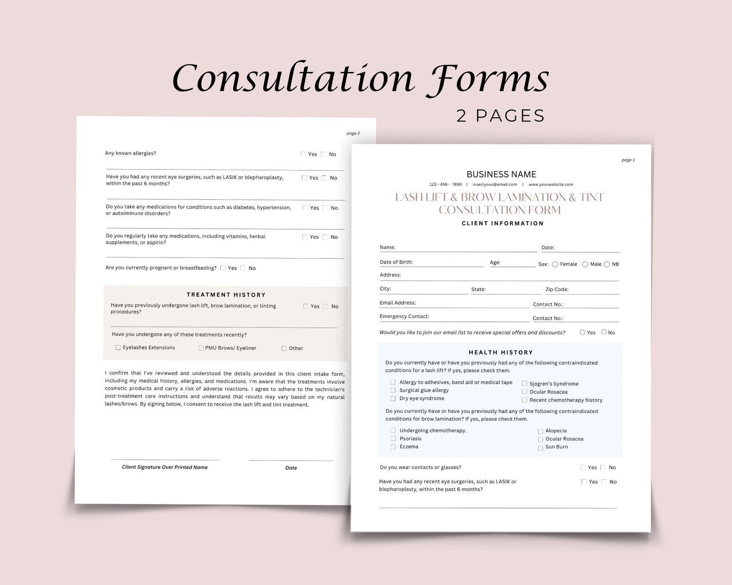 Lash Lift Form, Brow Lamination Form Consultation form, Client consent form, Loyalty Card, Business Card, Editable Canva templates, Aftercare Card