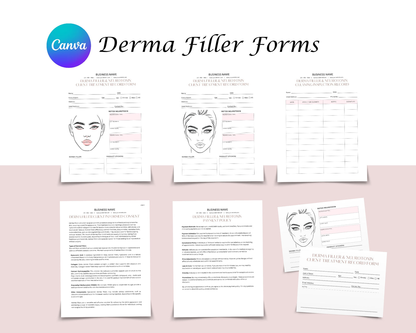 Derma Filler Form, Consultation form, Client consent form, Loyalty Card, Business Card, Editable Canva templates, Aftercare Card