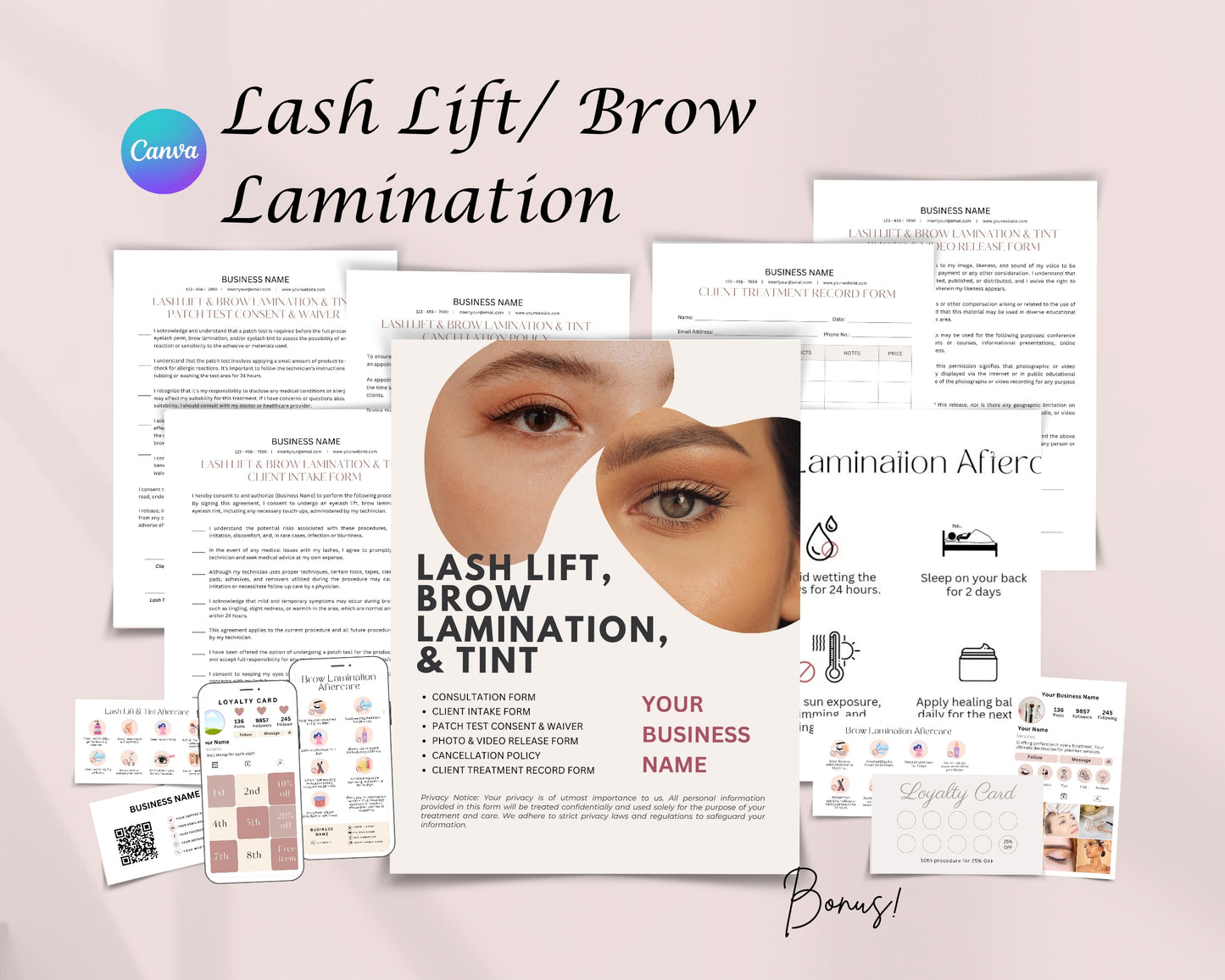 Lash Lift Form, Brow Lamination Form Consultation form, Client consent form, Loyalty Card, Business Card, Editable Canva templates, Aftercare Card