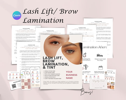 Lash Lift Form, Brow Lamination Form Consultation form, Client consent form, Loyalty Card, Business Card, Editable Canva templates, Aftercare Card