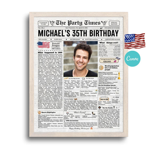 35th Birthday Vintage Newspaper, EDITABLE Birthday Posters, Printable Newspaper Birthday Gifts, Canva