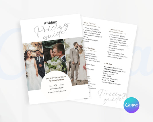 Photography Pricing Guide, Wedding Photography Price List, Edit in Canva - PDP07