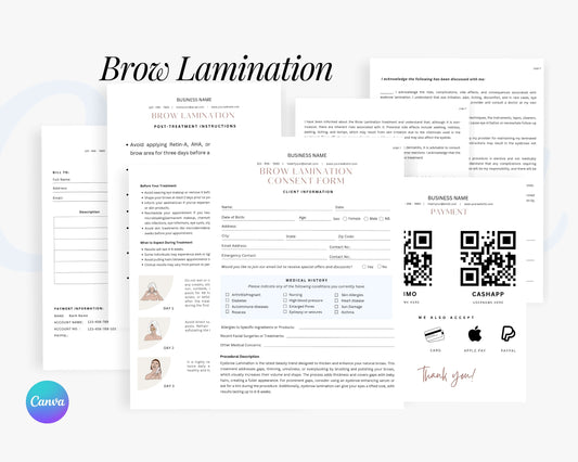 Brow Lamination Form, Consultation form, Client consent form, Editable Canva templates