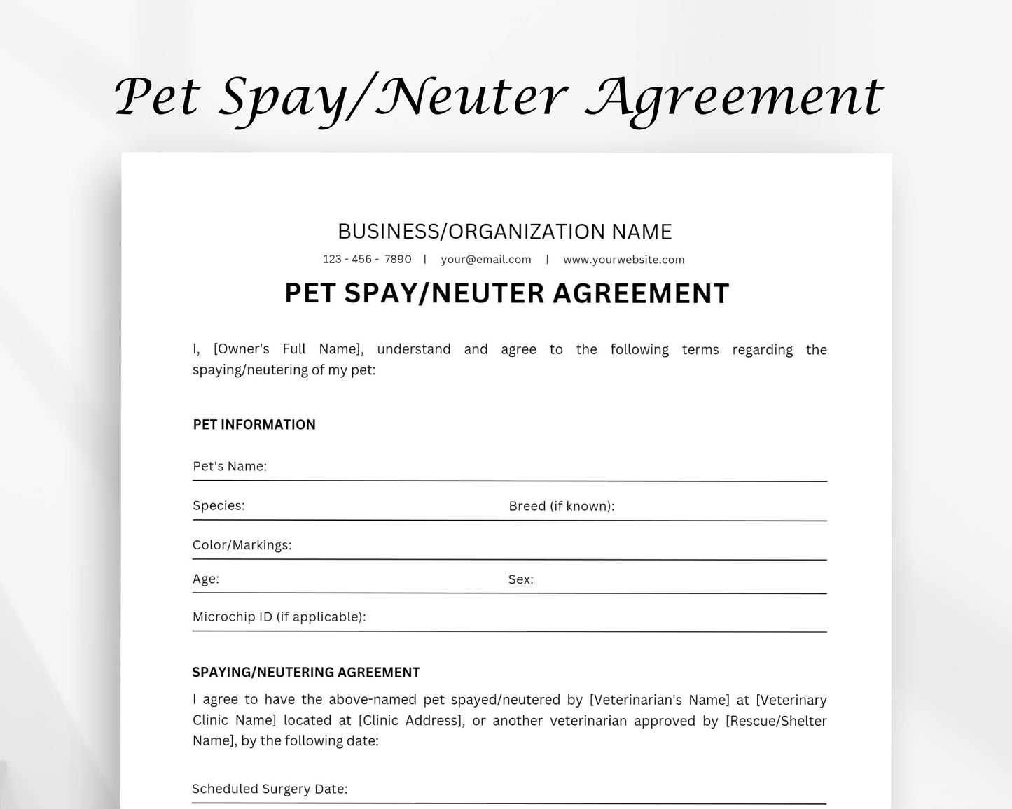 Pet Spay or Pet Neuter Agreement Printable Form, Edit in Canva, Digital