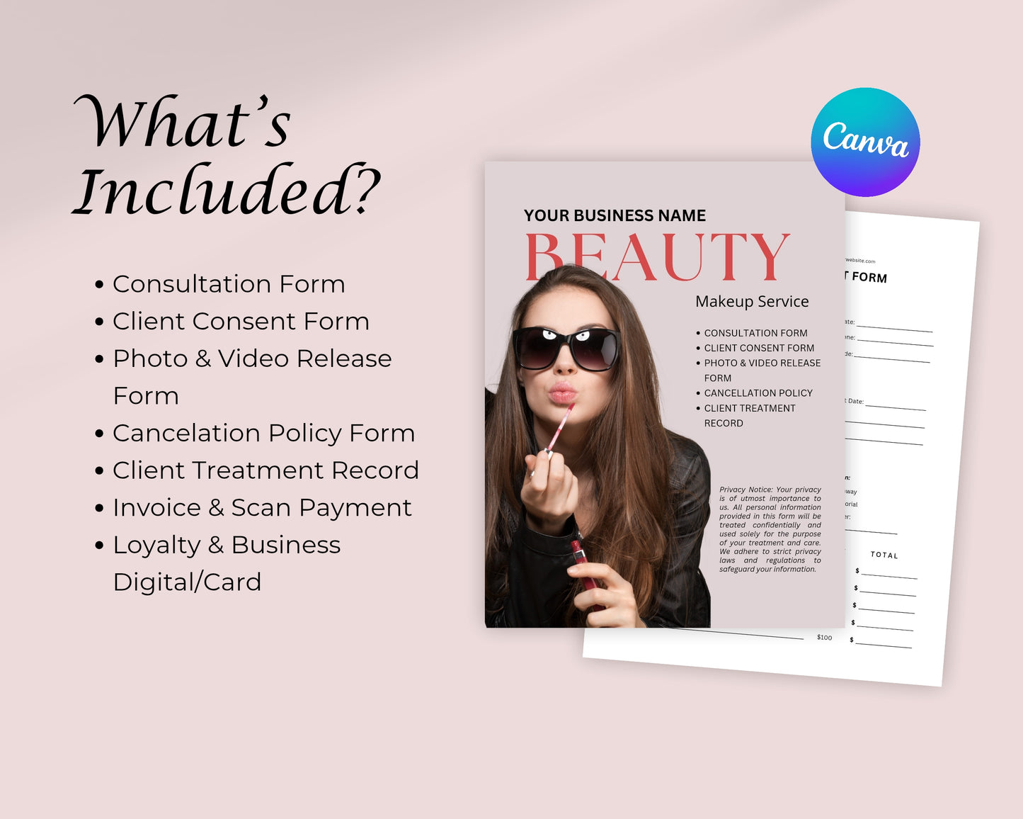 Makeup Service Business Forms, Consultation form, Client consent form, Loyalty & Business Card, Edit in Canva