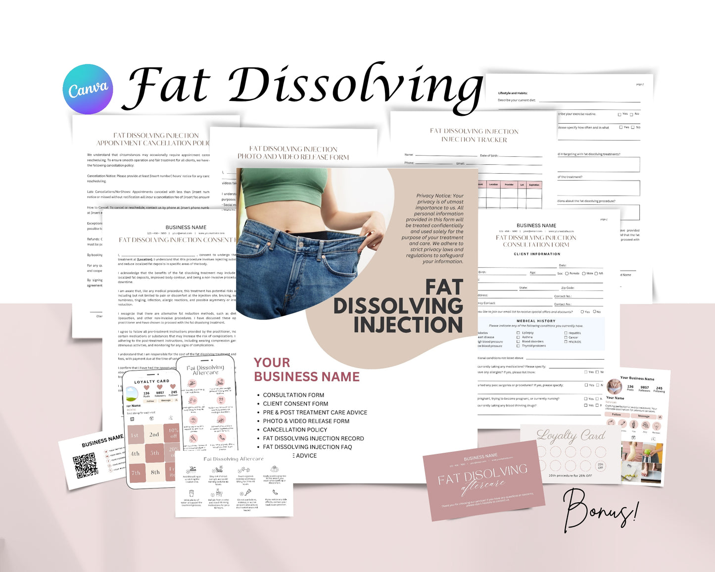 Fat Dissolving Injection Form, Consultation form, Client consent form, Loyalty Card, Business Card, Editable Canva templates, Aftercare Card